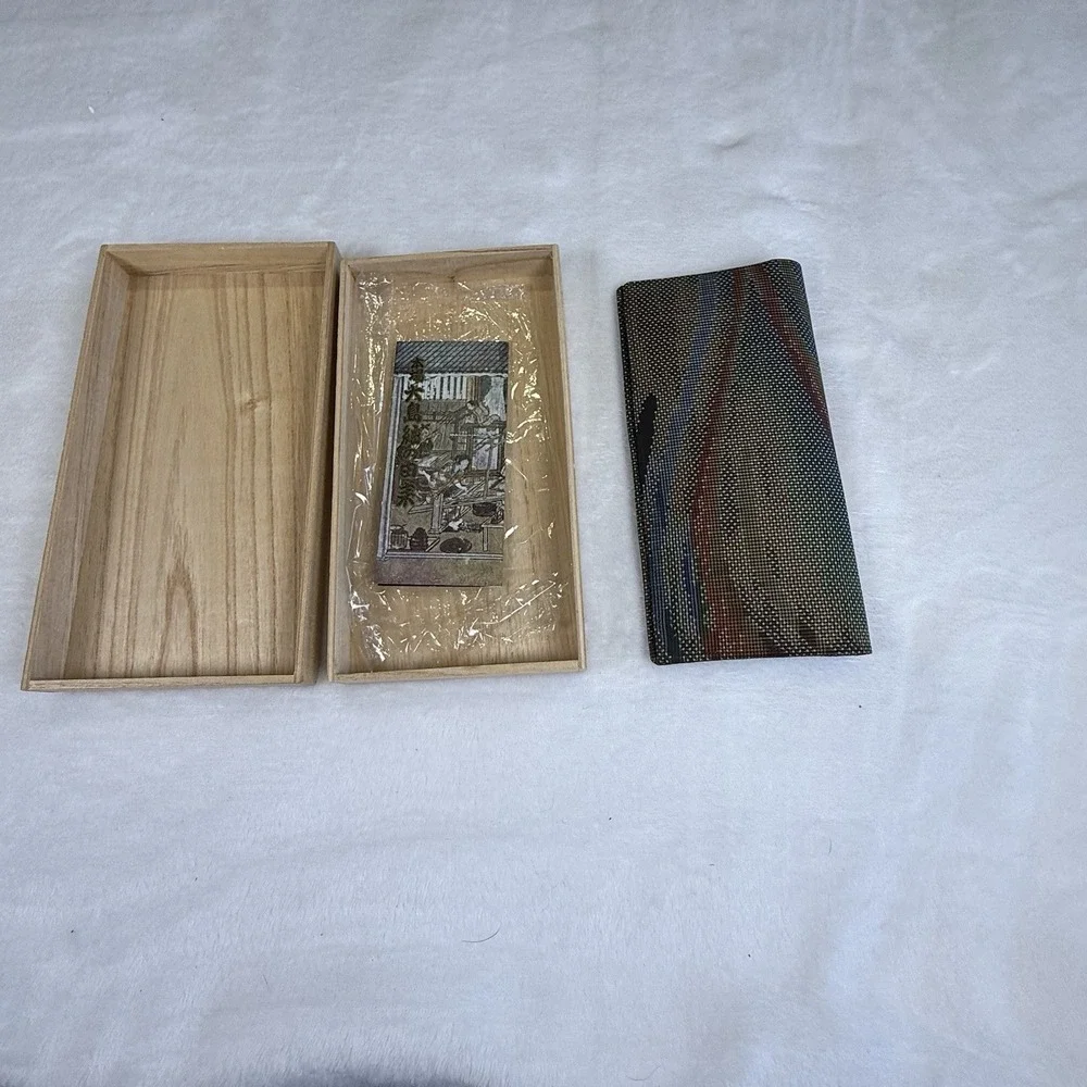 Vintage Japanese Hakata Ori Silk Woven Long Wallet Wooden Box Traditional Japan
